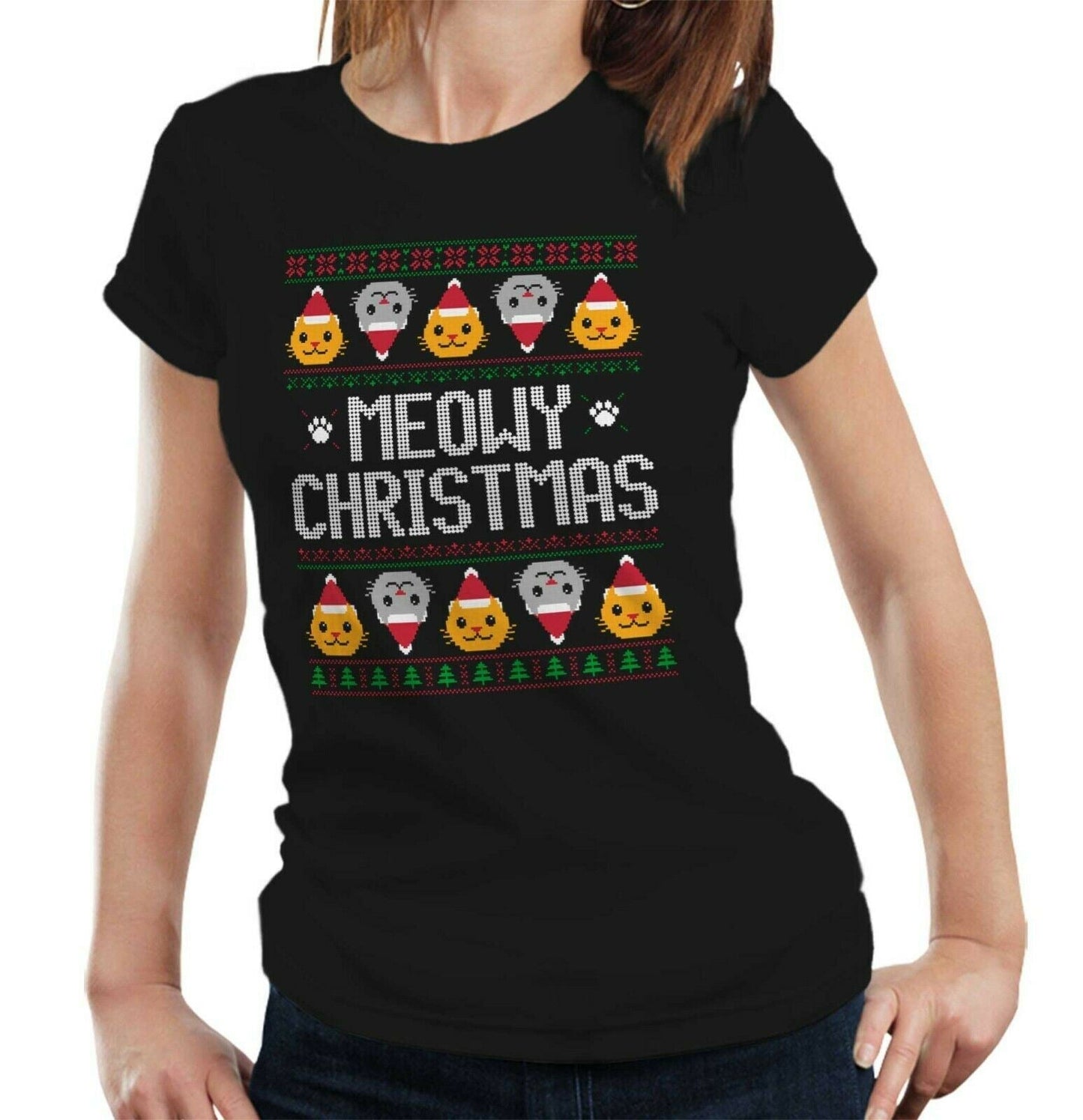 Meowy Christmas Tshirt Fitted Ladies