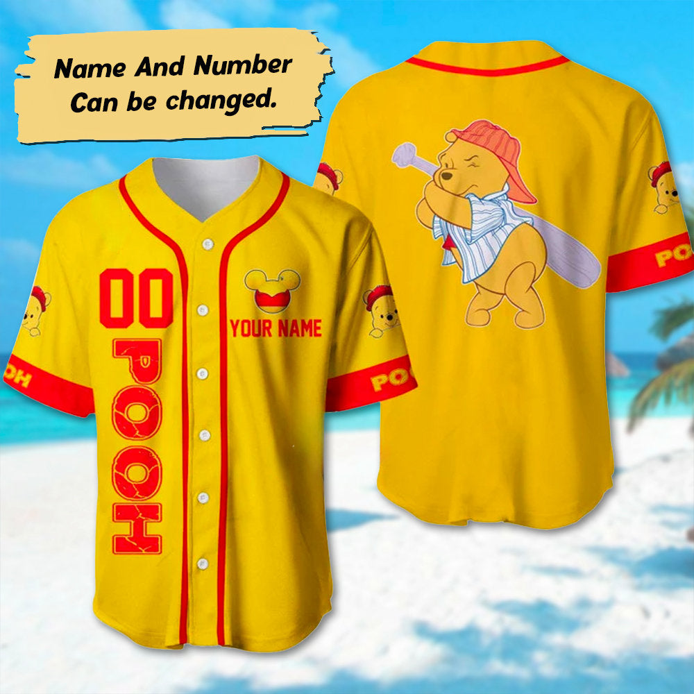 Custom Pooh Baseball Jersey, Winnie the Pooh Basketball Jersey, Cartoon Character Trip Party Shirt, Magic Kingdom Movie Birthday Gift - Bafud