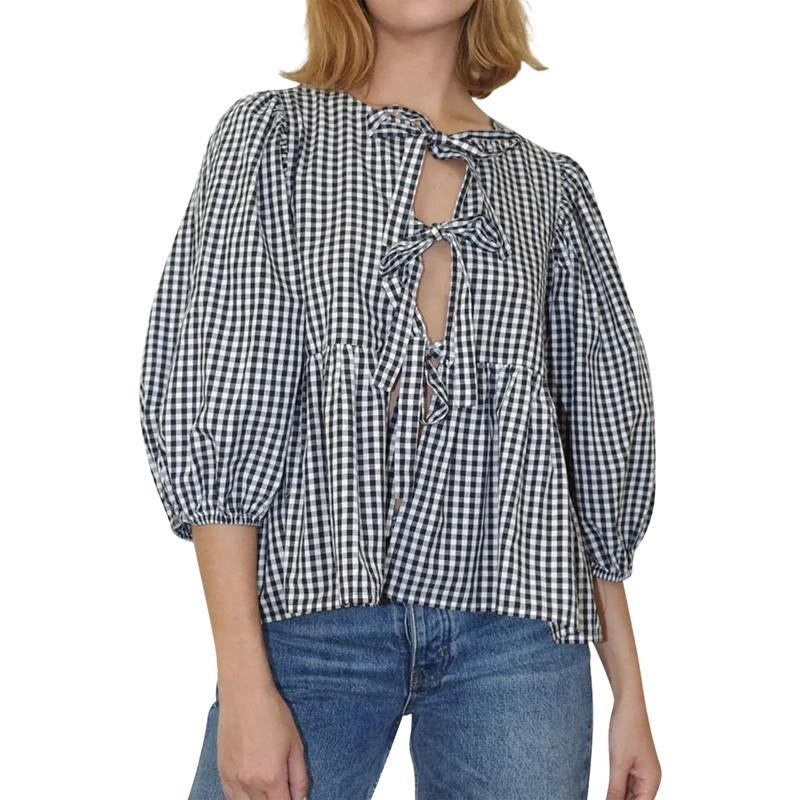 Women Basic Tie Front Tops Casual Plaid Print 3/4 Sleeve Shirt for Club Streetwear Aesthetic Clothes Cotton Fashion