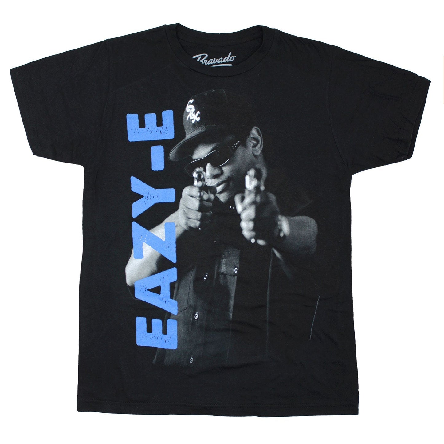 Blue Vertical Logo & Black & Grey Pointing Gun Photo T-shirt