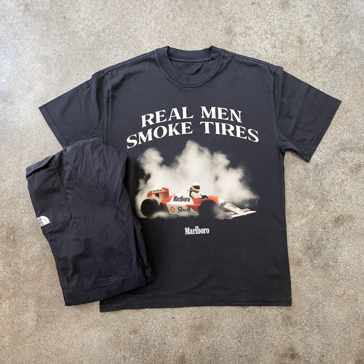 F1 'REAL MEN SMOKE TIRES' HEAVY FADED BLACK T-SHIRT