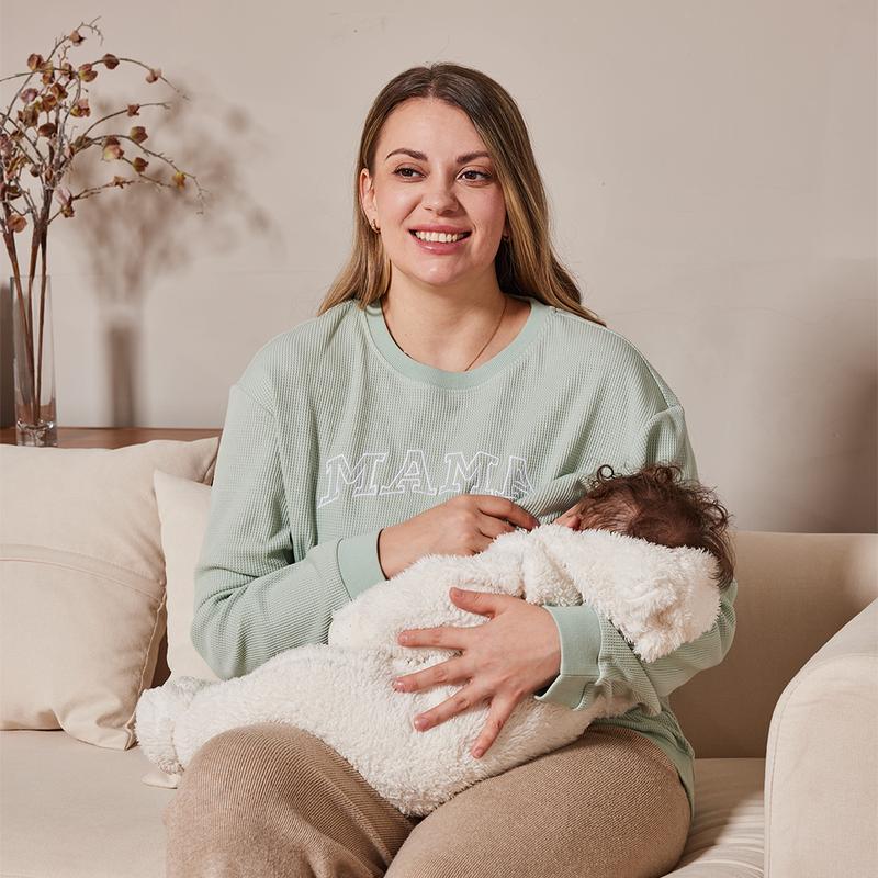 Giftifymama Waffle Knit Breastfeeding Embroidery Sweatshirt with Zipper Access for Nursing Moms Maternity Top Postpartum Outfits