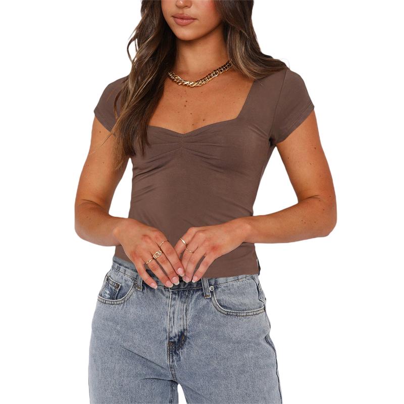 Women T-shirt, Low-cut Short Sleeve Pleated Solid Slim Fit Summer Tops for Casual Daily Light Womenswear