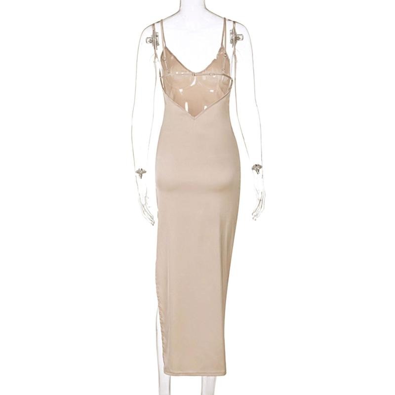 2022 Vintage Sexy Split Dress Women Sleeveless V Neck Maxi Dress Summer Evening Party Club Elegant Dresses Female Black/ Apricot Polyester Womenswear