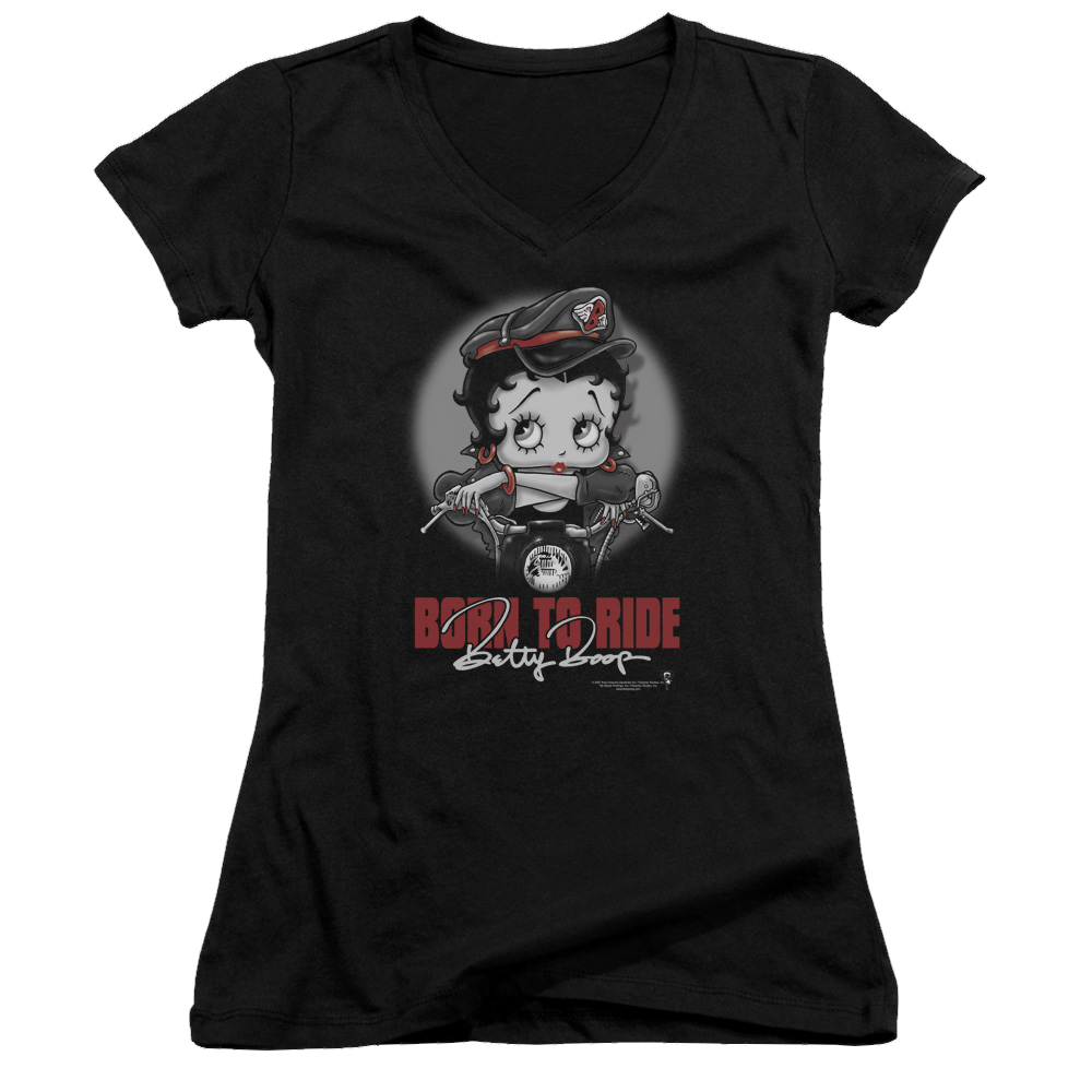 Betty Boop Born To Ride - Juniors V-Neck T-Shirt