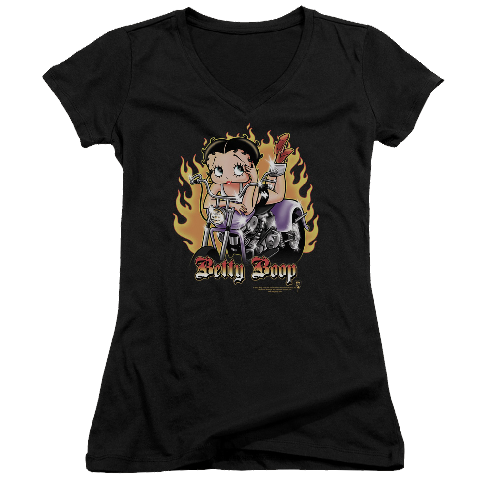 Betty Boop Biker Flames Boop - Juniors V-Neck T-Shirt