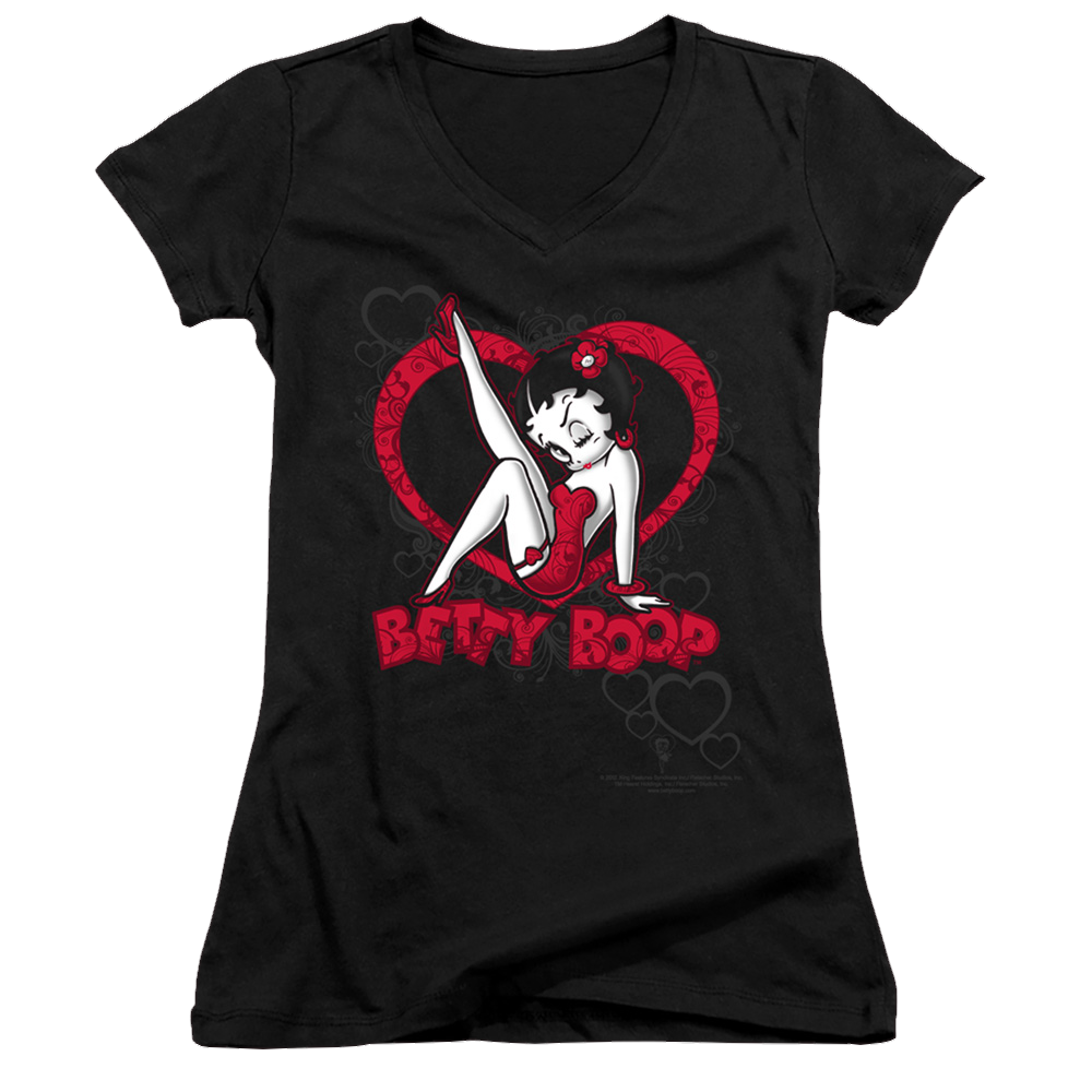 Betty Boop Scrolling Hearts - Juniors V-Neck T-Shirt
