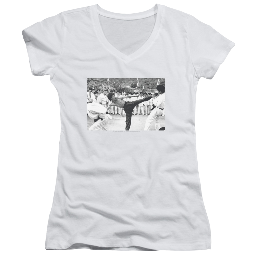 Bruce Lee Kick To The Head - Juniors V-Neck T-Shirt
