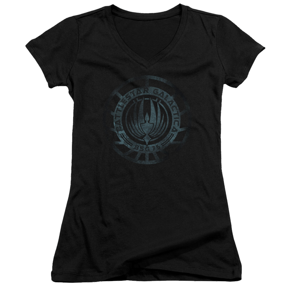 Battlestar Galactica Faded Emblem - Juniors V-Neck T-Shirt