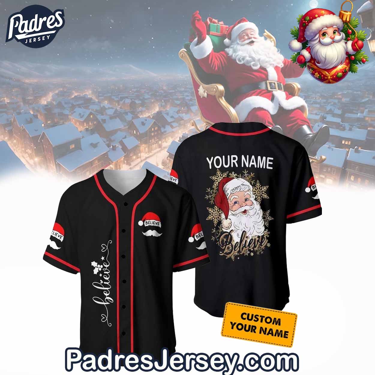 Believe Christmas Santa Baseball Jersey Outfit - Custom Name - Padres Jersey Oasis: Elevate Your Baseball Style Game