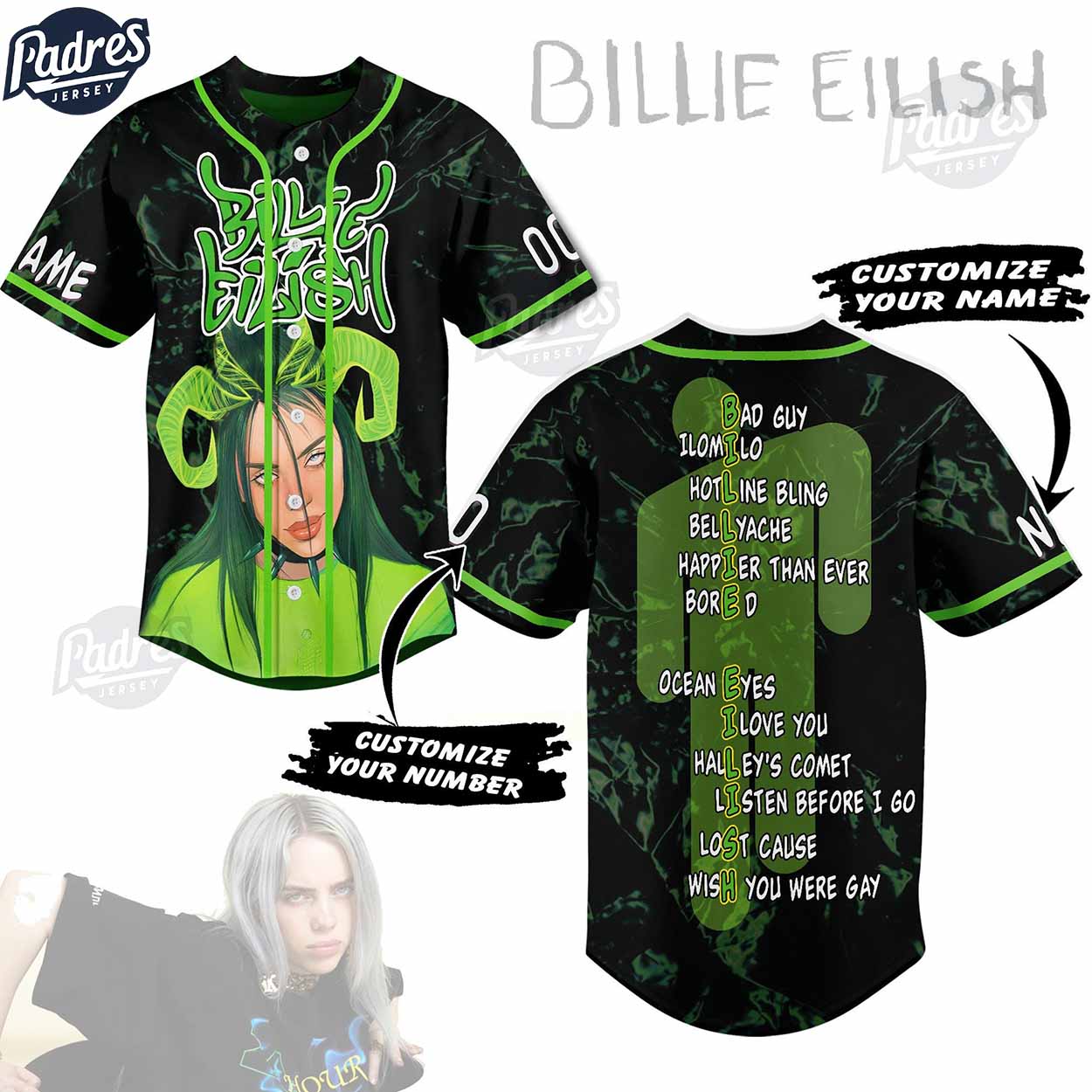 Billie Eilish Green Custom Baseball Jersey - Padres Jersey Oasis: Elevate Your Baseball Style Game