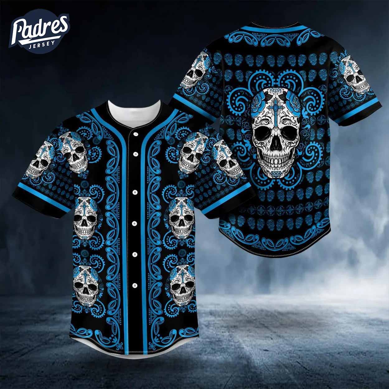 Blue Paisley Baseball Jersey with Sugar Skull Art - Padres Jersey Oasis: Elevate Your Baseball Style Game