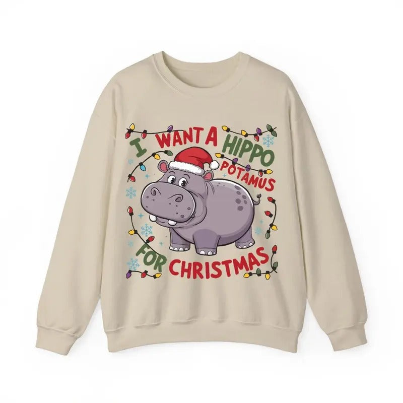 Cute A Hippopotamus For Christmas Shirt, Hippopotamus Christmas Lights Shirts, I Want A Hippo Potamus For Christmas Hoodie Clothing Cotton
