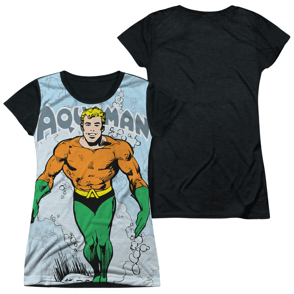 Aquaman Clasic Aqua - Juniors Black Back T-Shirt
