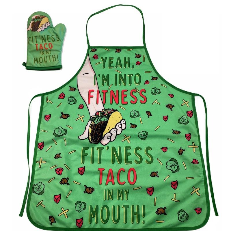 Fitness Taco Funny Kitchen Apron and Oven Mitts Humorous Gym Graphic Novelty Cooking Accessories Funny Graphic Kitchenwear Cinco De Mayo Funny Food Novelty Cookware Green