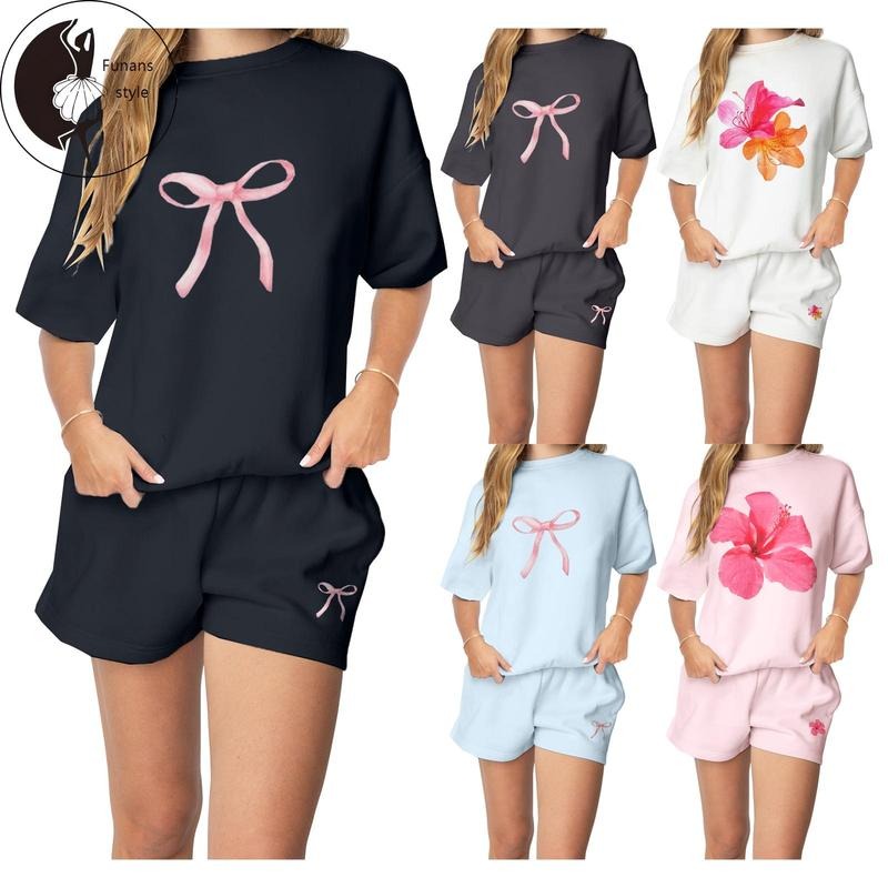 Women Summer Shorts Outfits Bow/Flower Print Round Neck Short Sleeve T-Shirts Tops Elastic Waist Shorts 2 Pieces Clothes Set
