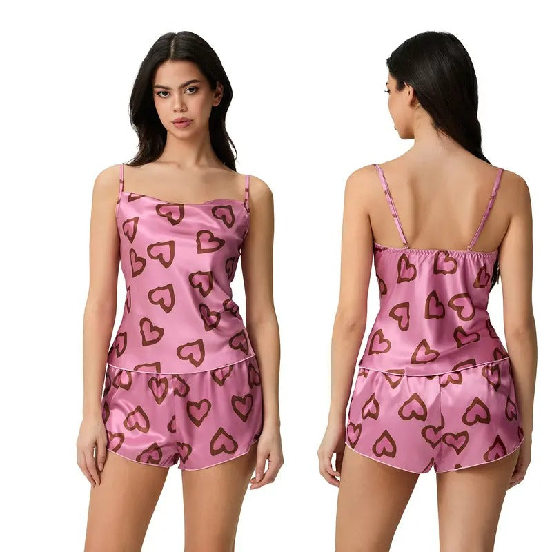 Women Pajama Set, Heart/Flower Print Sleeveless Camisole with Shorts Sleepwear Loungewear