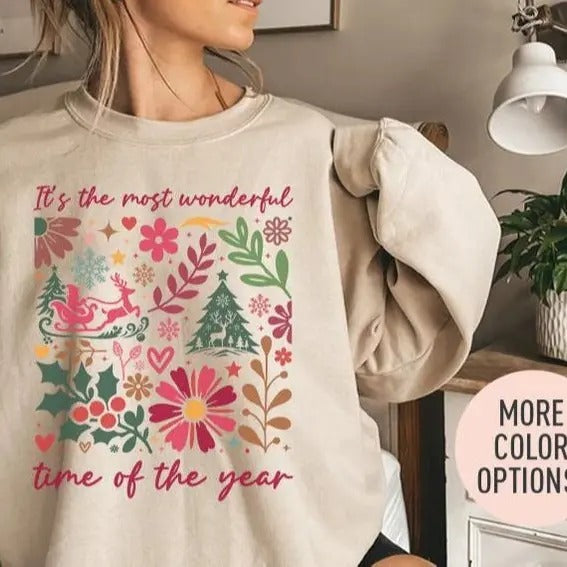 It's The Most Wonderful Time of the Year Crewneck Sweatshirt,hoodie, Boho Floral Christmas Sweatshirt, Holiday Season Sweatshirt, Christmas Gifts