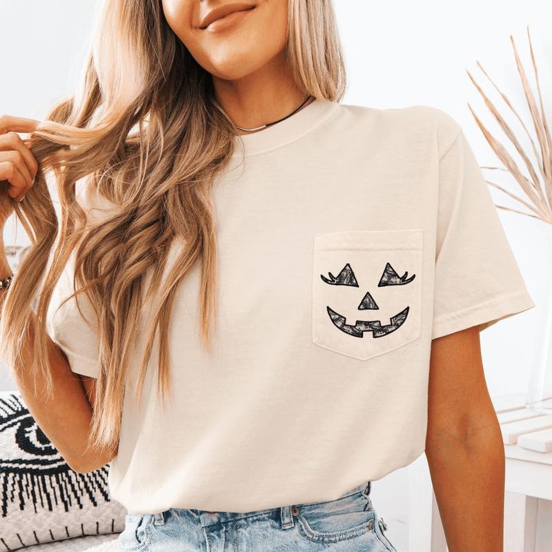 Jack o Lantern, Coquette, Faux Lace, Halloween, Pocket, Comfort Colors Pocket T-Shirt, Witch, Spooky, Autumn, Fall, Women's Comfort Colors Tee