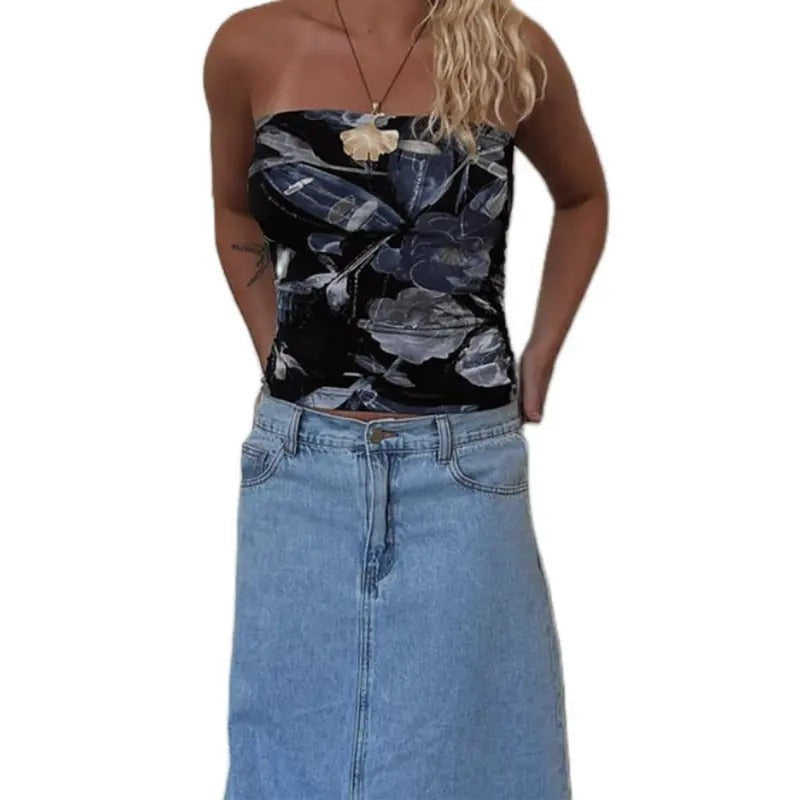 Women Tube Tops Flower/Leaves Print Boat Neck Strapless Tops Tank Tops Summer Backless Bandeau Shirts Cotton Light