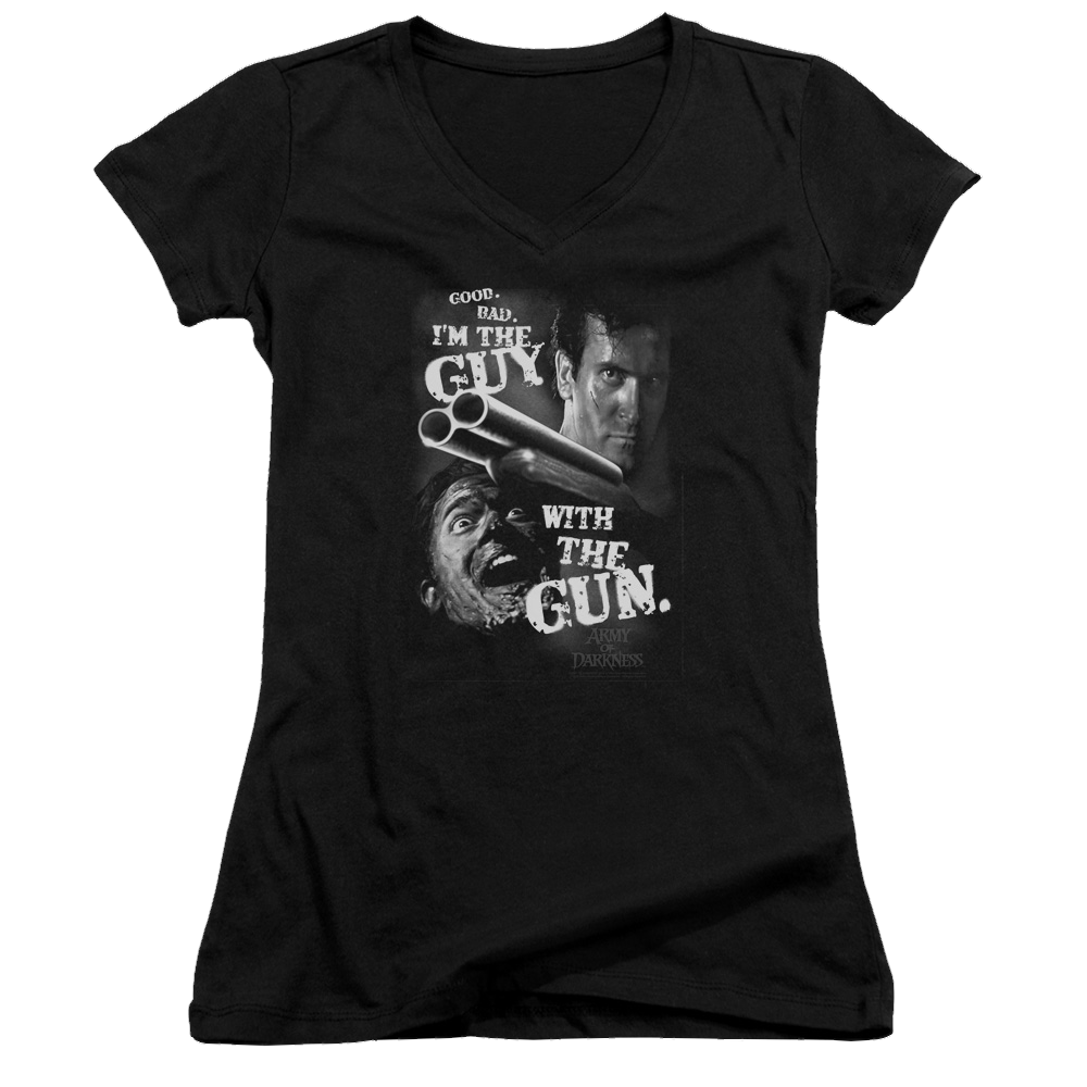 Army Of Darkness Guy With The Gun - Juniors V-Neck T-Shirt