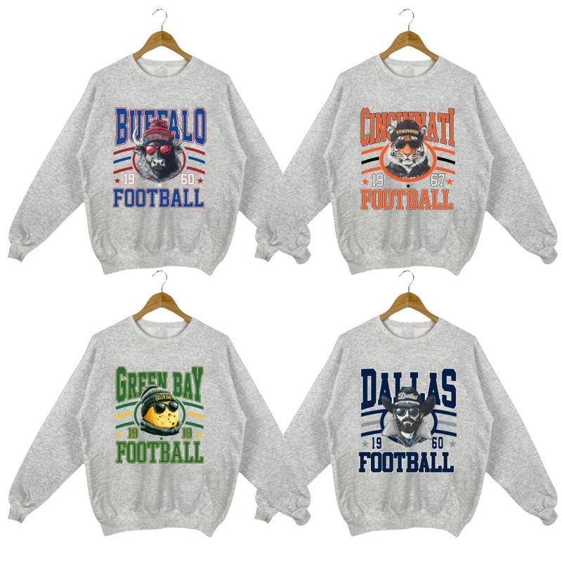 New Retro Style Varsity All Team Football Crewneck Sweatshirt - Gildan Sport Grey, Long Sleeve, Medium Clothing Length - Sports Home Town, Menswear