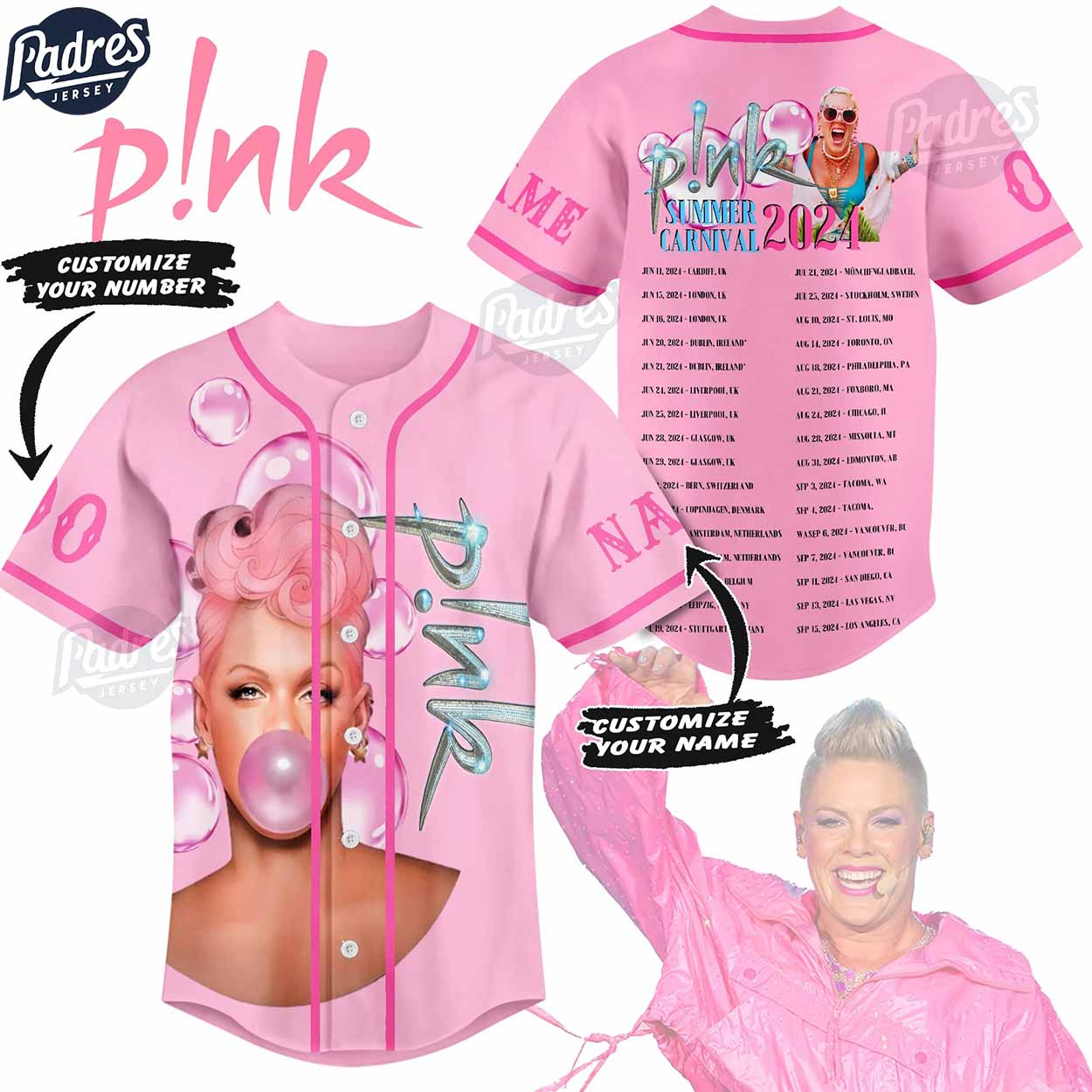 P!nk Summer Carnival 2024 Custom Baseball Jersey - Padres Jersey Oasis: Elevate Your Baseball Style Game