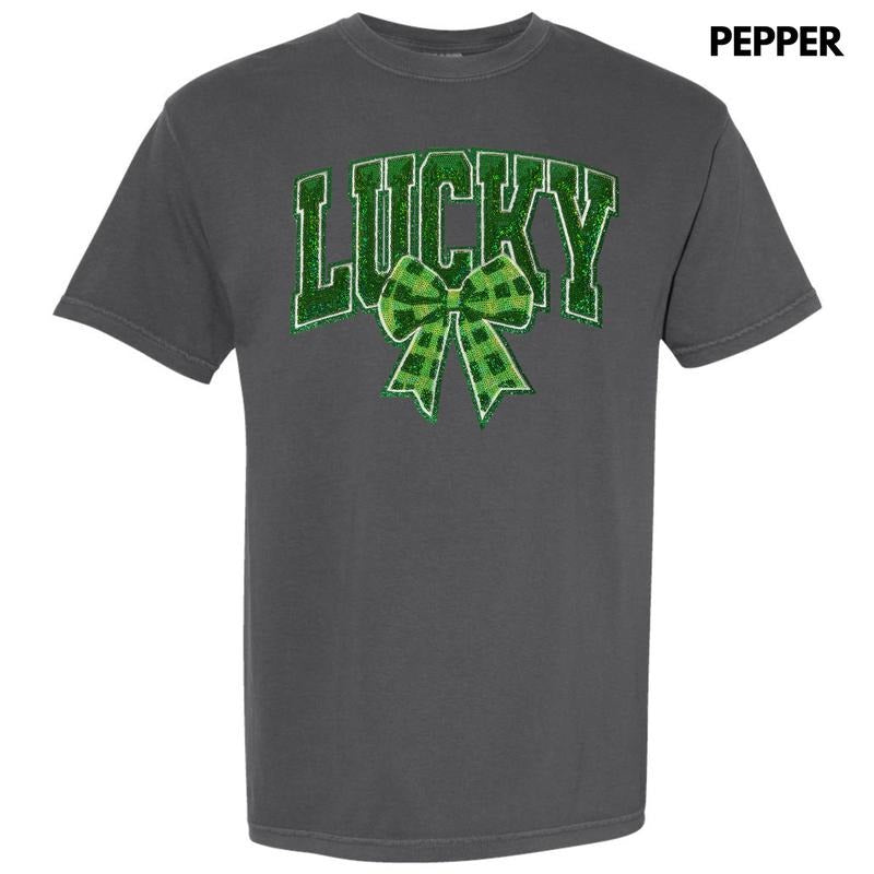 Plaid Lucky Bow Sequin Patch Comfort Colors T-Shirt
