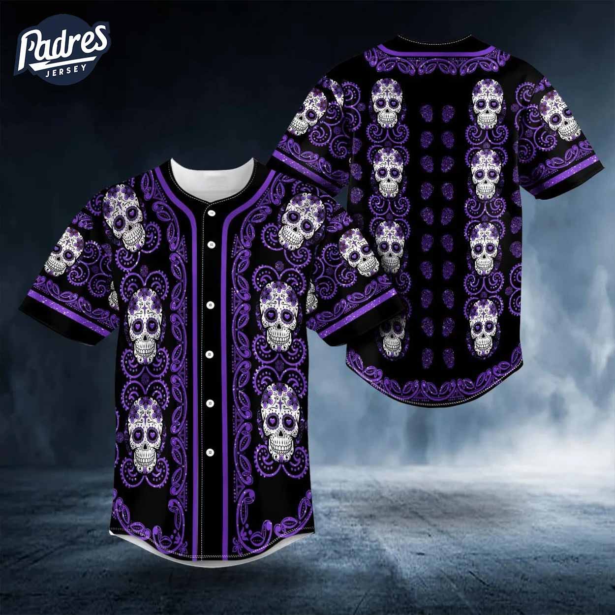 Purple Paisley Baseball Jersey with Sugar Skull Art - Padres Jersey Oasis: Elevate Your Baseball Style Game