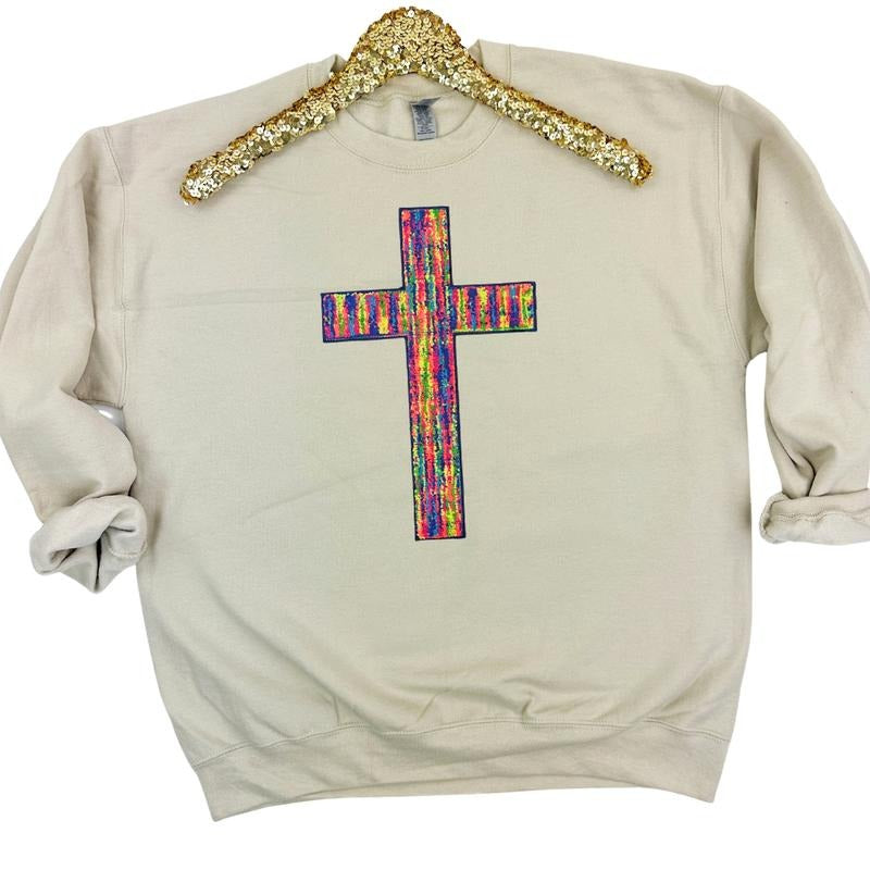 Rainbow Chenille Cross Patch Sweatshirt -- SAND