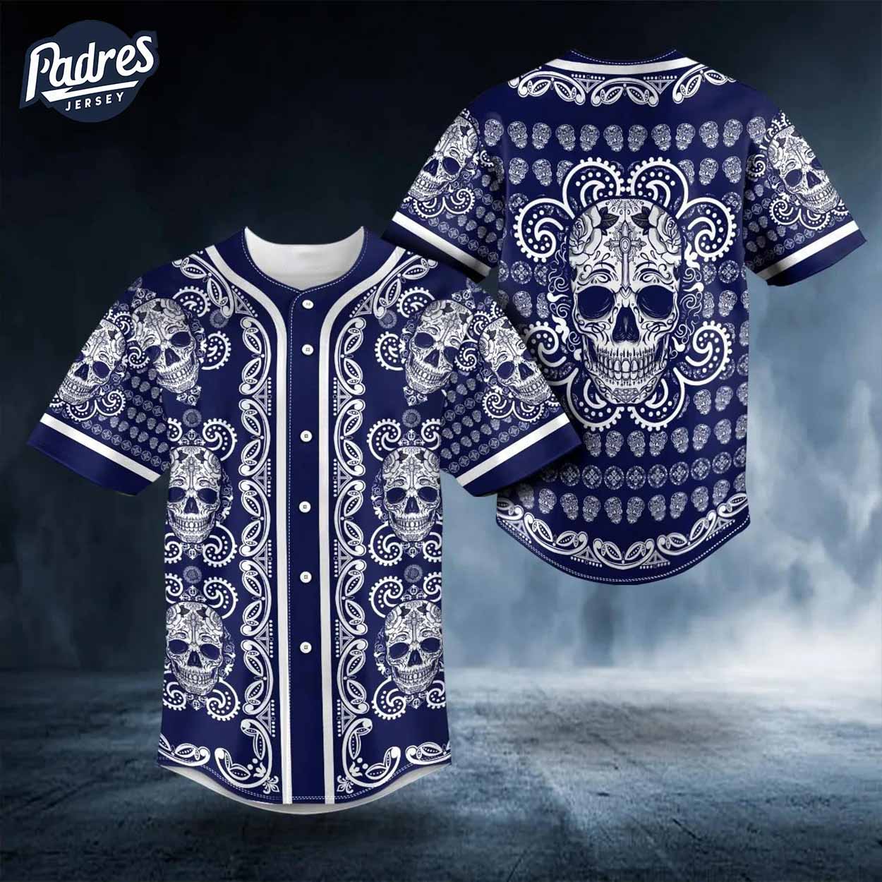 Sugar Skull Designs On Navy Paisley Baseball Jersey - Padres Jersey Oasis: Elevate Your Baseball Style Game