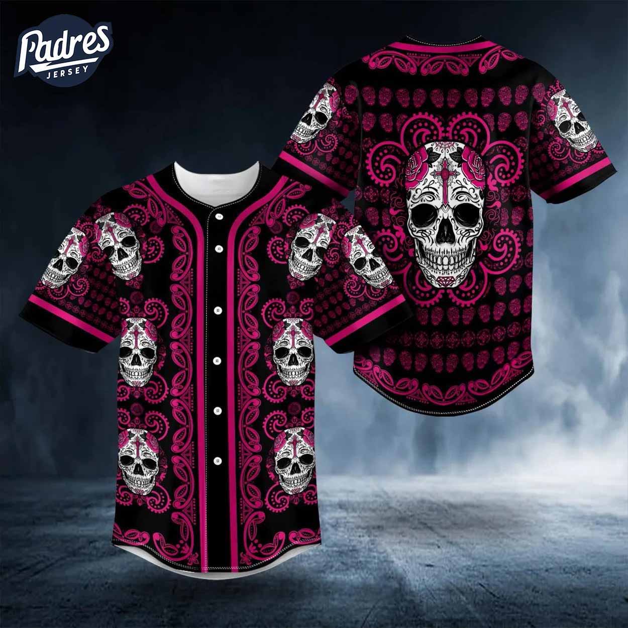 Sugar Skull Designs On Pink Paisley Baseball Jersey - Padres Jersey Oasis: Elevate Your Baseball Style Game