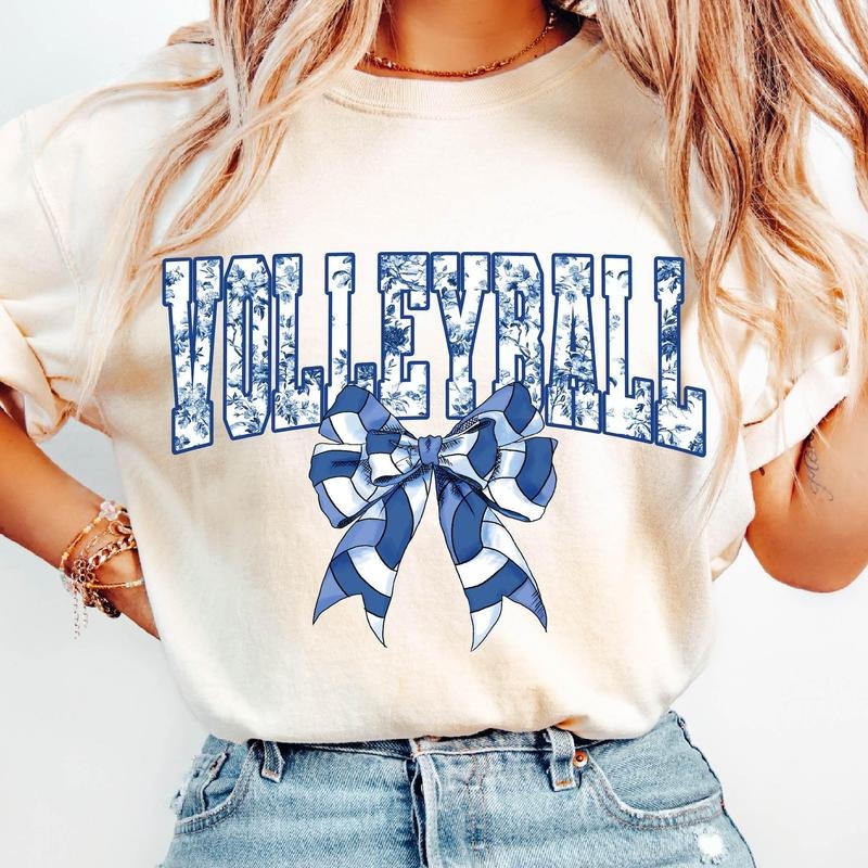 Volleyball Floral Toile Blue Water Color, Volleyball Coquette Bow T-Shirt, Varsity Volleyball, Volleyball Mama T-Shirt, Mother's Day Gifts