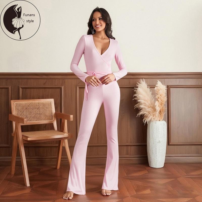 Women 2 Piece Outfits Casual Solid Color Tie up Hem Wrap Long Sleeves Tops and Elastic Flare Pants Set Streetwear