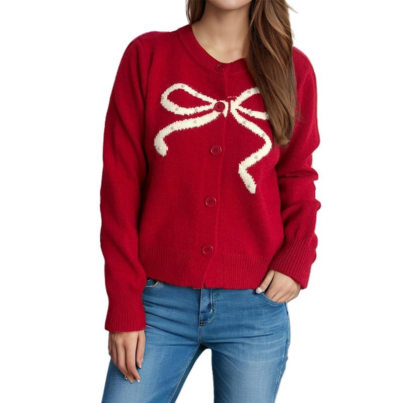 Women Button up Sweaters Casual Lightweight Bow Print Pearl Long Sleeves Knit Cardigans Warm Knitwear for Streetwear