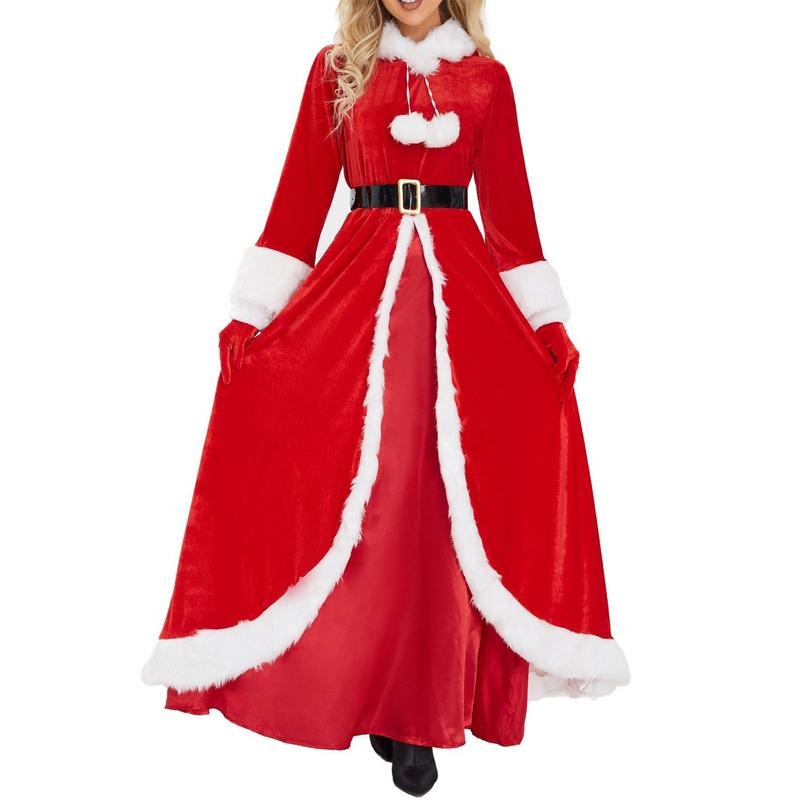 Women Christmas Costumes Cute Long Sleeve Hooded Dresses with Belt and Gloves Set for Cosplay Role-Playing Party Outfits