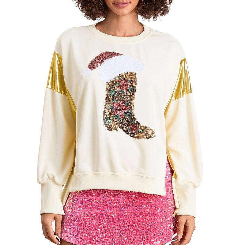 Women Christmas Sweatshirt, Long Sleeve Crew Neck Sequined Boots Slit Hoodie Pullover for Casual Daily