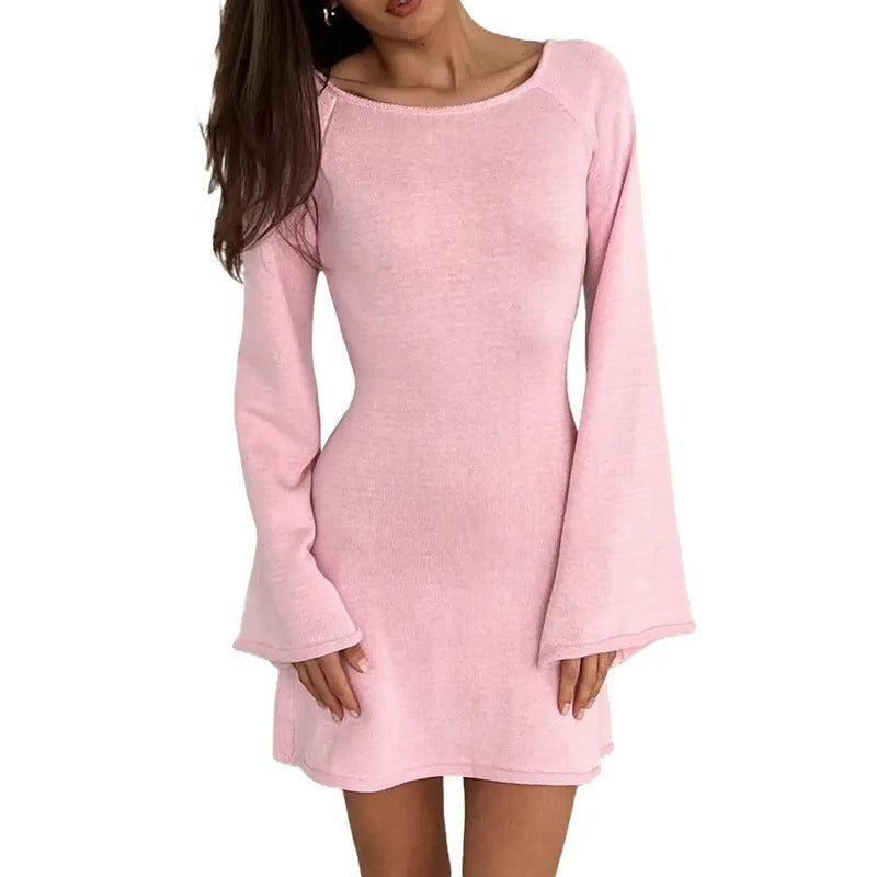 Women Knitted Dress Casual Solid Color Backless Long Sleeve Mini Party Dress for Beach Cocktail Club Streetwear