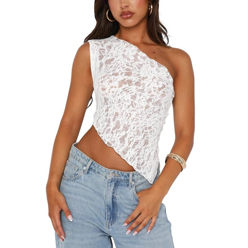 Women Lace Vest, Sleeveless One-shoulder Backless Irregular Summer Tops Clubwear for Party Womenswear Check