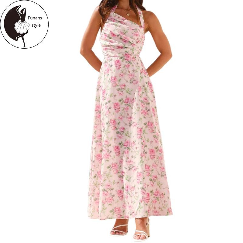 Women Long Dress Floral Print Irregular Halter Neck Backless Dress Summer Fashion Sleeveless Casual Dress