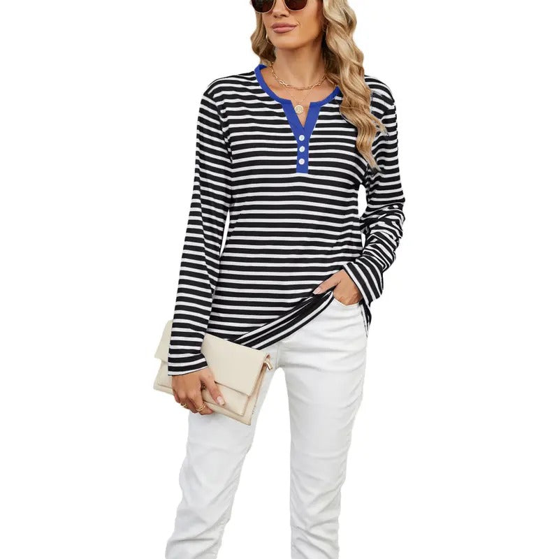 Women Long Sleeve Shirt Casual Stripe Print V-Neck Tops Basic Blouses for Club Streetwear Aesthetic Clothes Fashion Spring