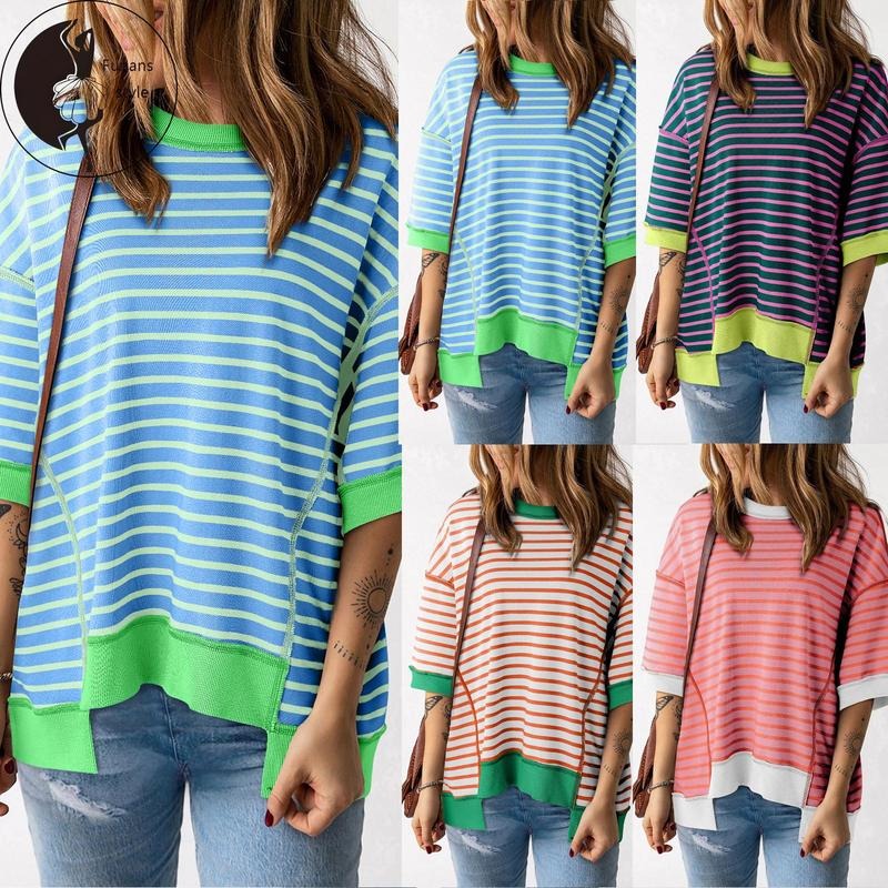Women Short Sleeve T-Shirts Contrast Color Stripe Round Neck Shirts Summer Casual Loose Fit Tops Streetwear