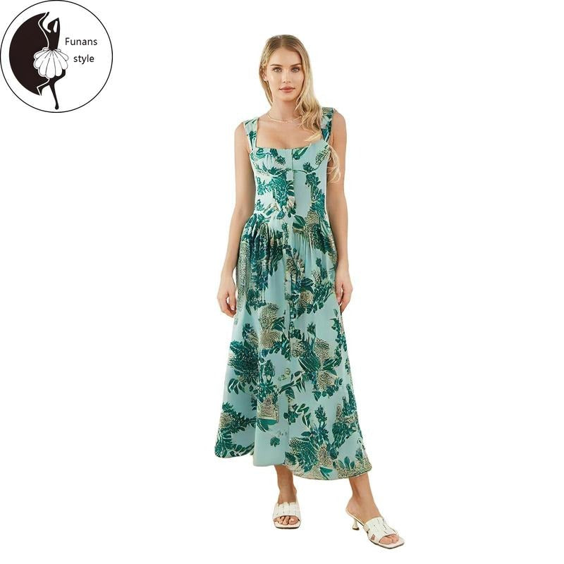 Women Slip Dress, Sleeveless Flower Print Button Closure Swing Dress Summer Long Dress