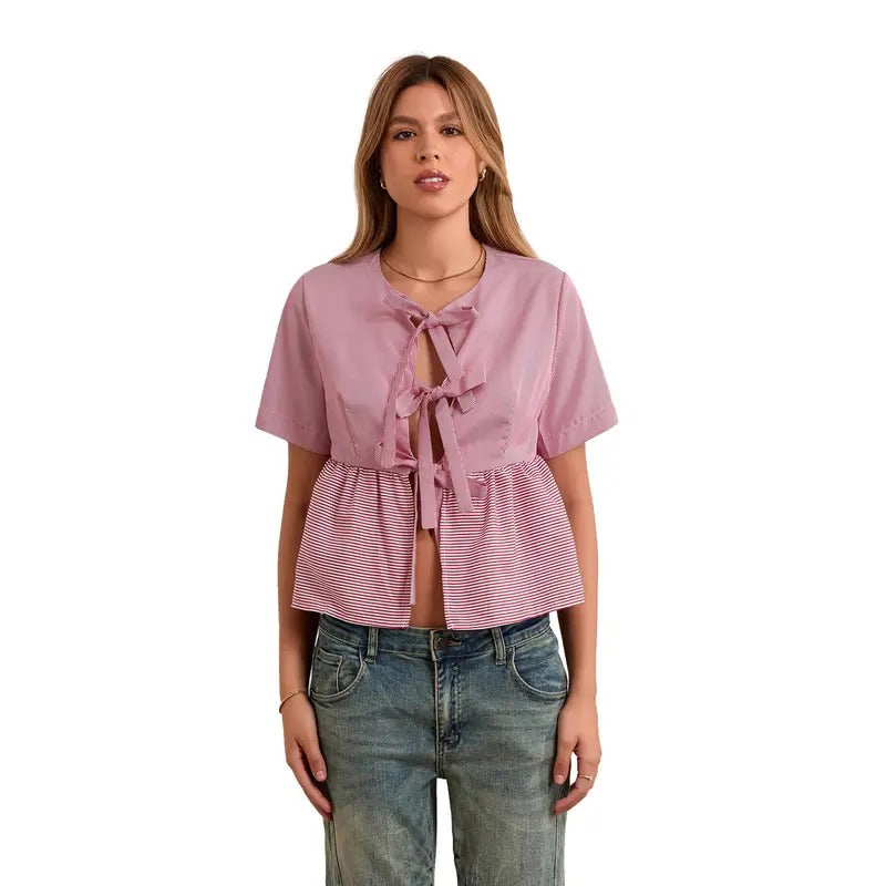 Women Striped Print Shirt Round Neck Short Sleeve Bow Tie Closure Loose Flowy Tops Womenswear Blouse