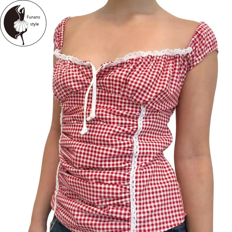 Women Summer Basic T-Shirt Casual Tie up Back Plaid Print Ruched Short Sleeve Tops for Streetwear Aesthetic Clothes