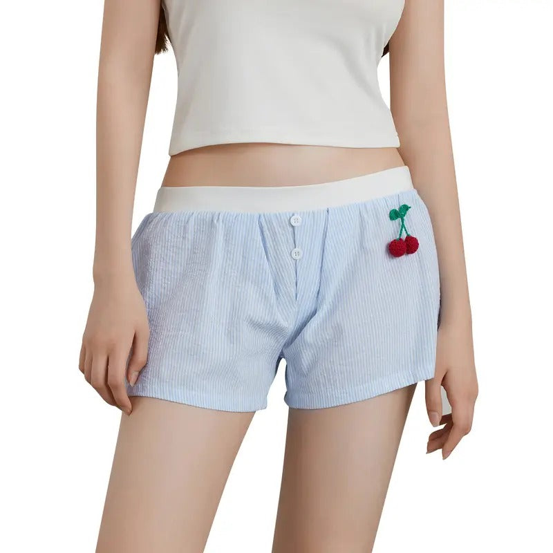Women Summer Shorts Casual Cute Cherry Striped Print Elastic Short Pants for Vacation Beach Nightclub Streetwear Fashion Womenswear