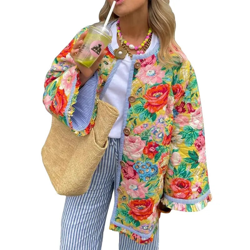 Women Winter Loose Quilted Jacket Floral Print Button Down Long Sleeve Padded Coat Warm Outwear Womenswear Casual