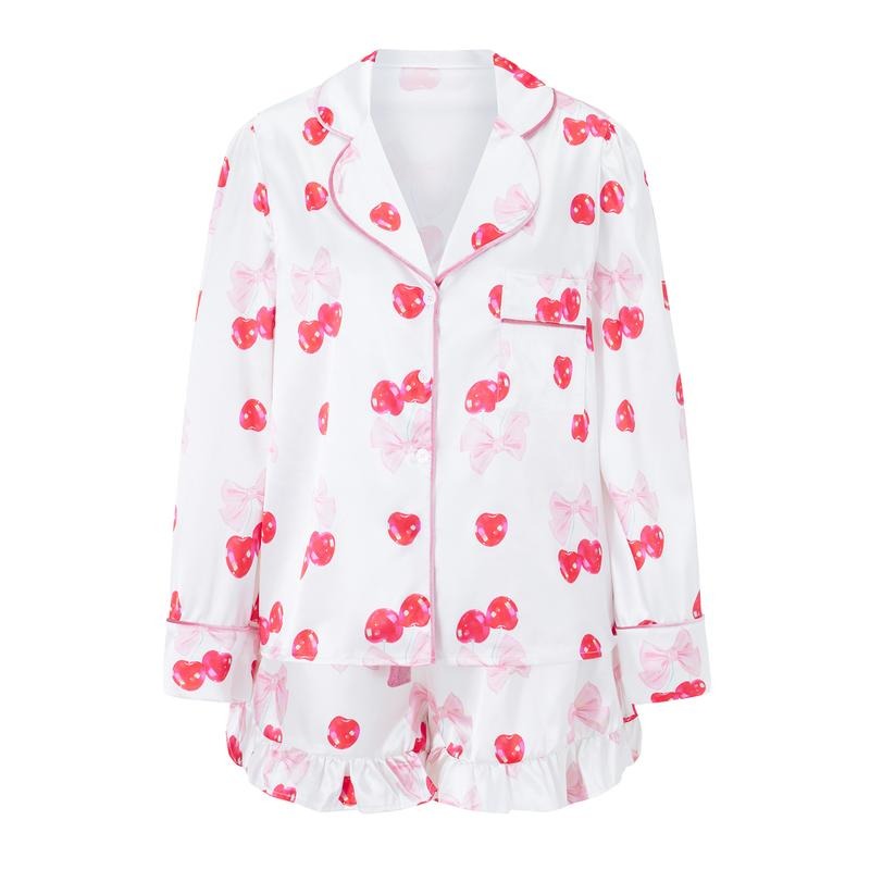 Women's 2 Piece Lounge Set Long Sleeve Lapel Bow Cherry Print Tops Shorts Sleepwear Sets