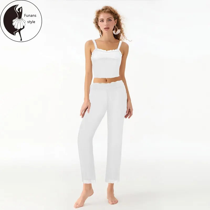 Women's 2 Piece Lounge Set Sleeveless Ruffle Trim Eyelet Cami Tops Pants Sleepwear Sets