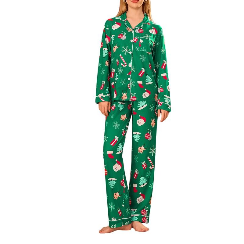 Women's 2 Piece Pajama Set Long Sleeve Lapel Button Up Christmas Elements Pattern Print Shirt Pants Sleepwear Sets